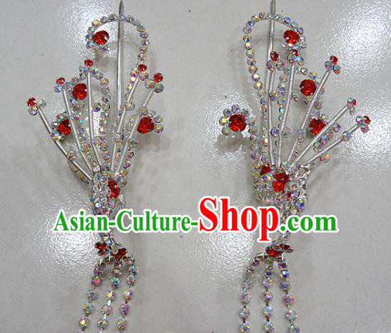 Chinese Traditional Beijing Opera Diva Red Phoenix Hairpins Princess Crystal Tassel Hair Clip Hair Accessories for Adults