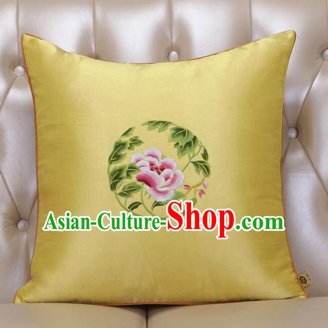 Chinese Traditional Embroidered Peony Yellow Brocade Back Cushion Cover Classical Household Ornament