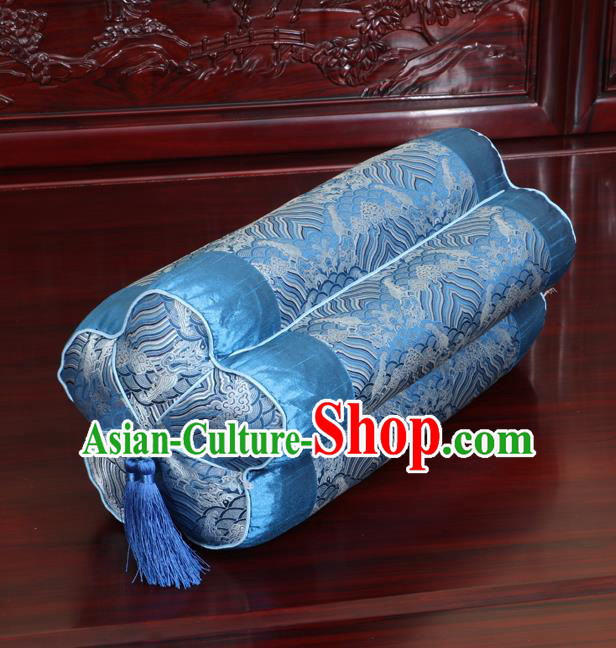 Chinese Traditional Household Accessories Classical Wave Pattern Blue Brocade Plum Blossom Pillow