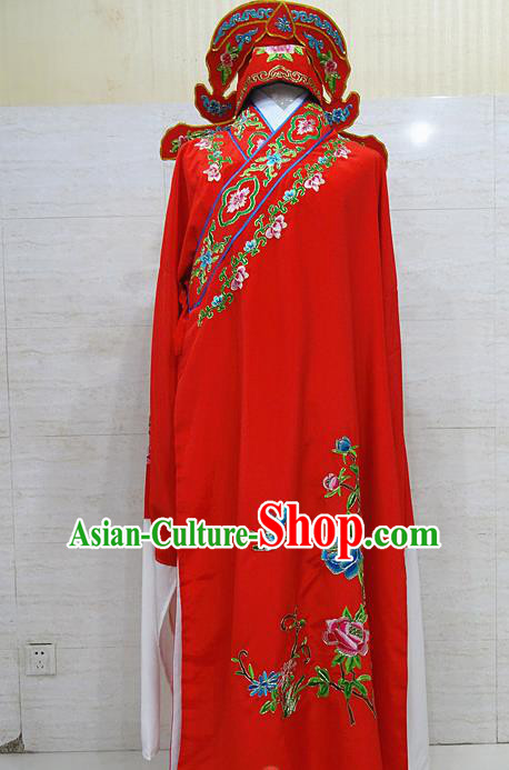 Professional Chinese Beijing Opera Niche Embroidered Peony Red Robe Traditional Peking Opera Scholar Costume for Adults