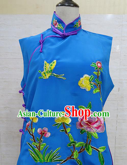 Chinese Traditional Beijing Opera Embroidered Peony Deep Blue Waistcoat Peking Opera Maidservants Costume for Adults