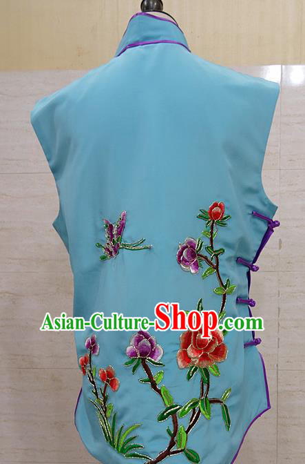 Chinese Traditional Beijing Opera Embroidered Peony Blue Waistcoat Peking Opera Maidservants Costume for Adults