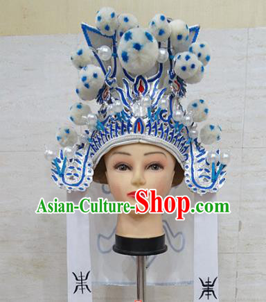 Chinese Traditional Beijing Opera Takefu White Hat Ancient General Helmet Headwear for Adults