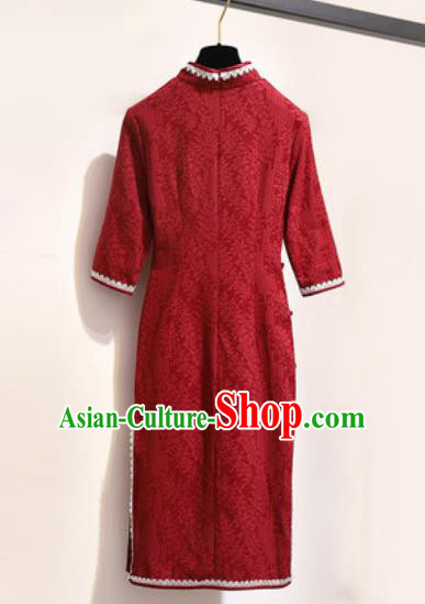 Chinese Traditional Tang Suit Costume Wine Red Qipao Dress Cheongsam for Women