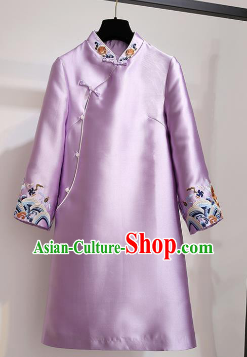Chinese Traditional Tang Suit Costume Purple Satin Qipao Dress Cheongsam for Women
