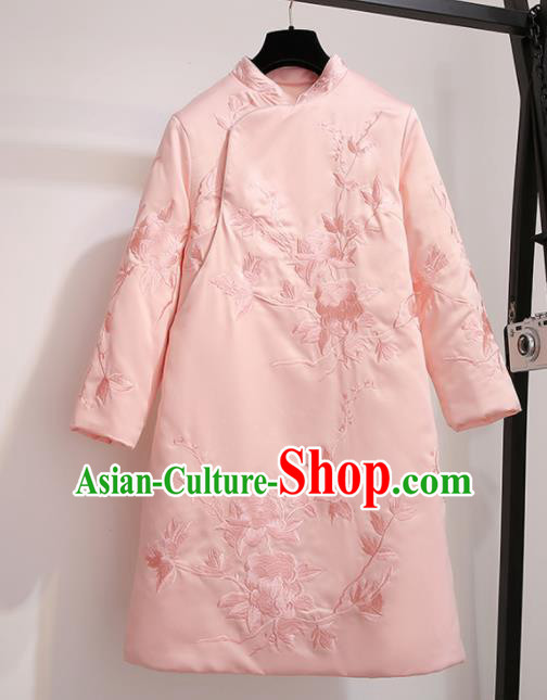 Chinese Traditional Tang Suit Costume Pink Cotton Wadded Qipao Dress Cheongsam for Women