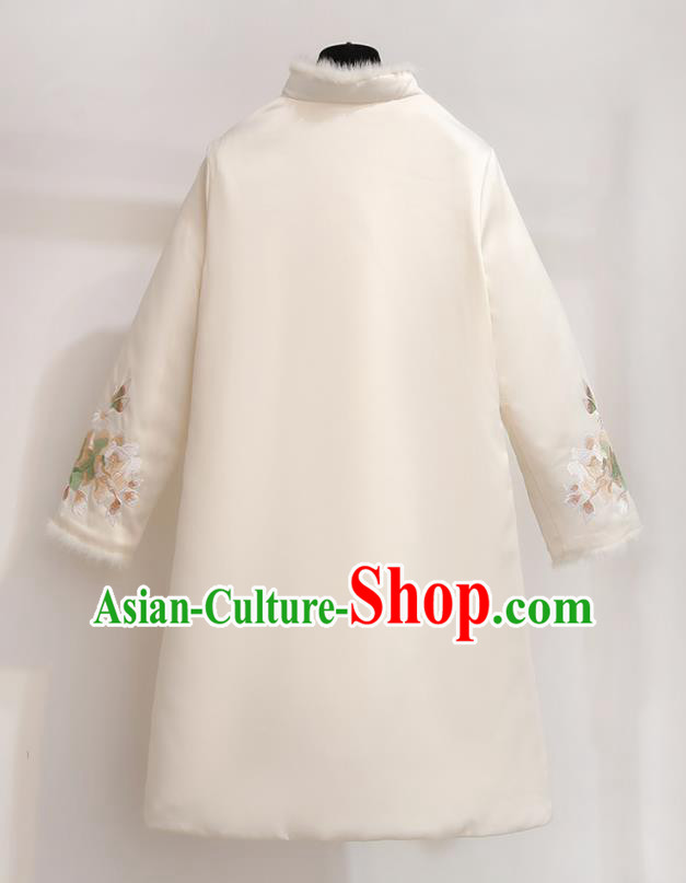 Chinese Traditional Tang Suit Costume White Cotton Wadded Qipao Dress Cheongsam for Women