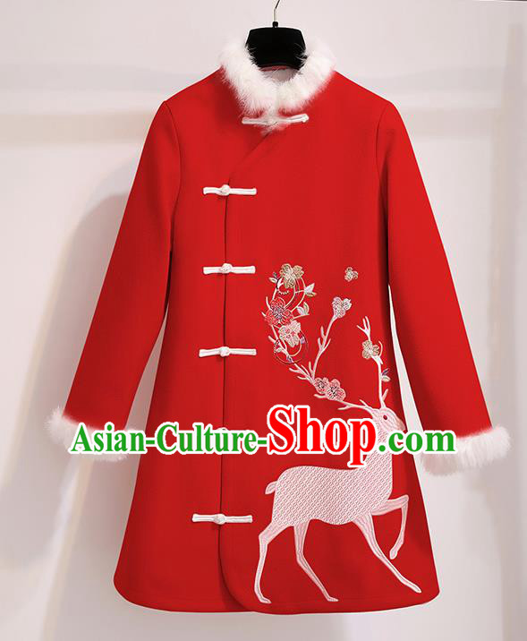 Chinese Traditional Costume Tang Suit Red Dust Coat Cheongsam Upper Outer Garment for Women
