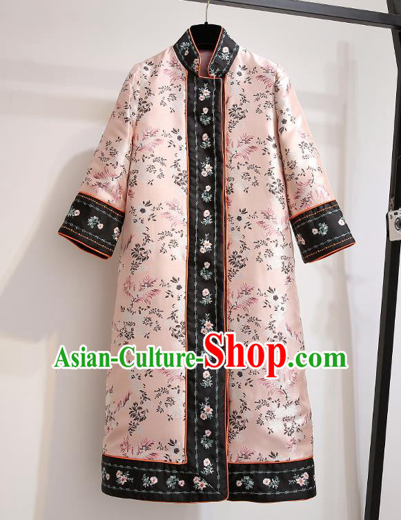 Chinese Traditional Costume Tang Suit Pink Silk Dust Coat Cheongsam Upper Outer Garment for Women