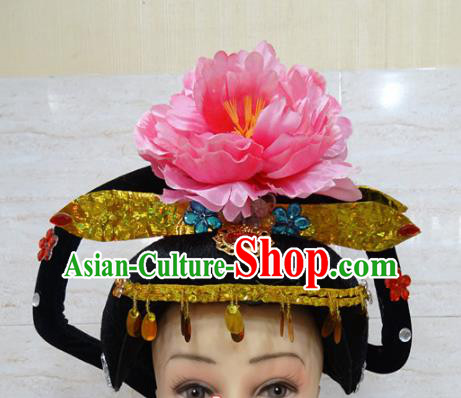 Chinese Traditional Beijing Opera Actress Hair Accessories Ancient Queen Pink Peony Hairpins and Wigs for Adults
