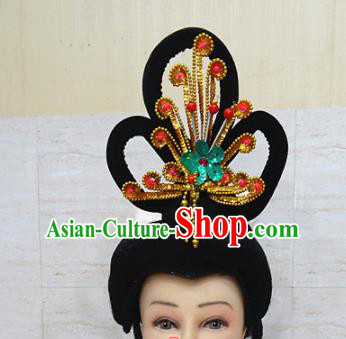 Chinese Traditional Beijing Opera Actress Hair Accessories Ancient Peri Golden Phoenix Hairpins and Wigs for Adults