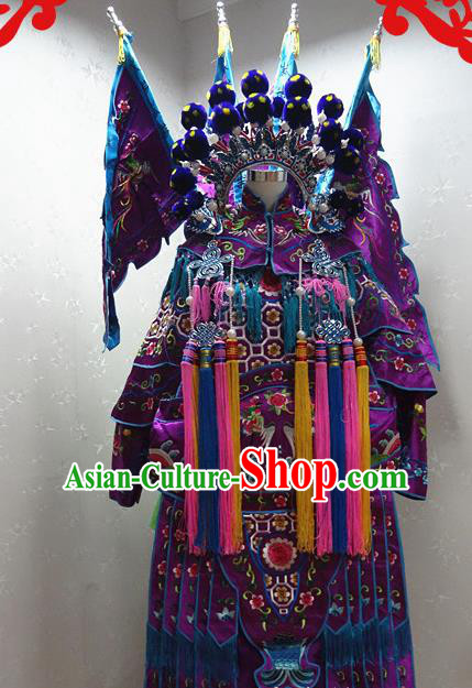 Chinese Traditional Beijing Opera Female General Purple Embroidered Clothing Peking Opera Mu Guiying Costume for Adults
