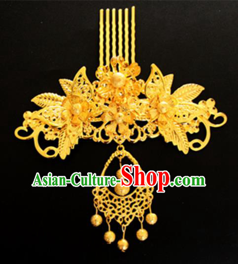 Chinese Traditional Wedding Hair Accessories Golden Leaf Hair Comb Ancient Princess Hairpins for Women