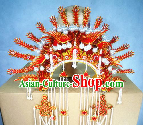 Chinese Traditional Beijing Opera Queen Hair Accessories Ancient Bride Red Phoenix Coronet