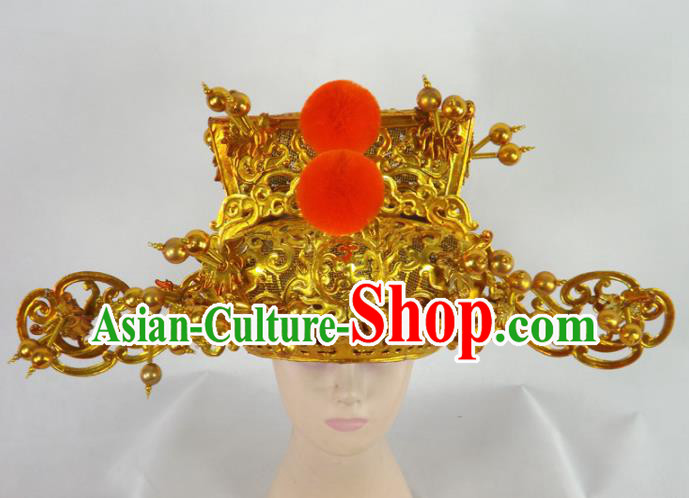 Chinese Traditional Beijing Opera Prime Minister Headwear Ancient Chancellor Golden Hat