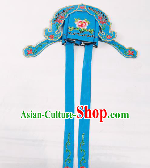 Chinese Traditional Beijing Opera Niche Headwear Peking Opera Scholar Embroidered Blue Hat
