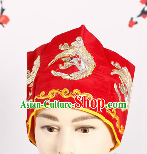 Chinese Traditional Beijing Opera Old Men Headwear Peking Opera Landlord Embroidered Crane Red Hat