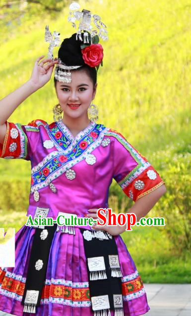Chinese Traditional Miao Nationality Costume Ethnic Folk Dance Rosy Dress for Women