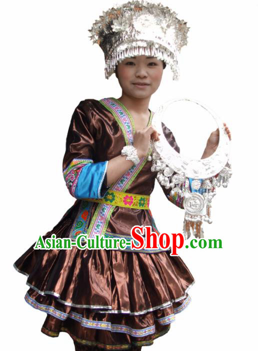 Chinese Traditional Miao Nationality Folk Dance Brown Costume Hmong Ethnic Pleated Skirt for Women