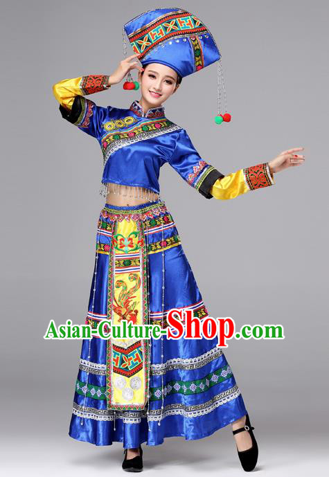 Chinese Traditional Zhuang Nationality Female Wedding Costume Ethnic Folk Dance Bride Blue Pleated Skirt for Women