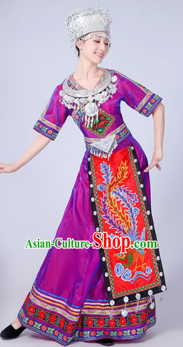 Chinese Traditional Miao Nationality Female Costume Ethnic Folk Dance Bride Purple Long Dress for Women
