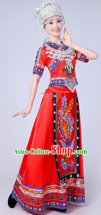 Chinese Traditional Miao Nationality Costume Hmong Female Ethnic Folk Dance Red Long Dress for Women