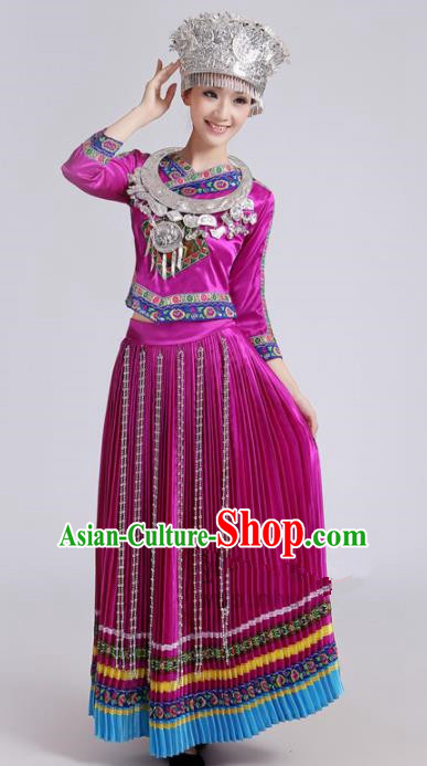 Chinese Traditional Miao Nationality Female Costume Hmong Ethnic Folk Dance Purple Pleated Skirt for Women