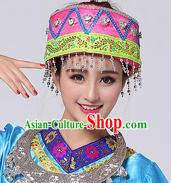 Chinese Traditional Miao Nationality Hair Accessories Hmong Bride Pink Hat for Women