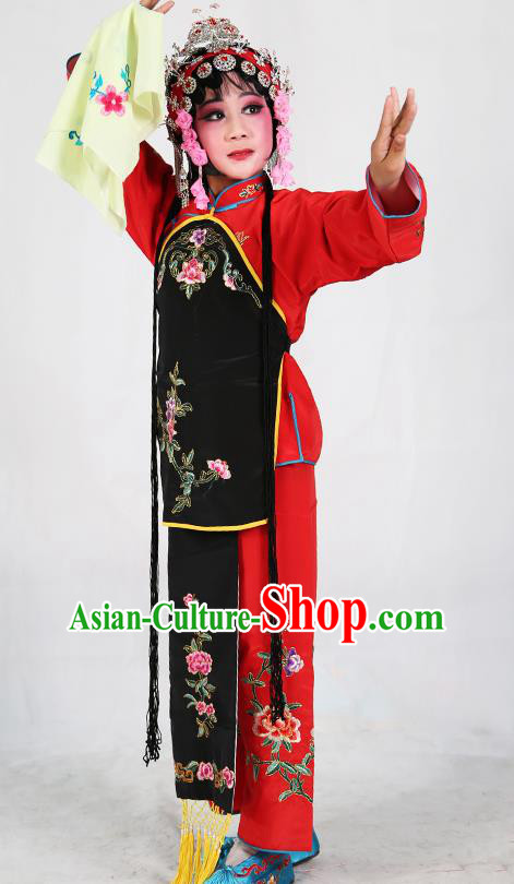 Traditional Chinese Beijing Opera Children Red Costume Peking Opera Maidservants Black Vest Clothing for Kids