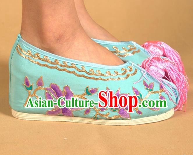 Asian Chinese Beijing Opera Shoes Princess Blue Embroidered Shoes Traditional Peking Opera Diva Shoes
