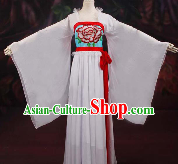 Traditional Chinese Tang Dynasty Court Maid White Embroidered Dress Ancient Peri Historical Costume