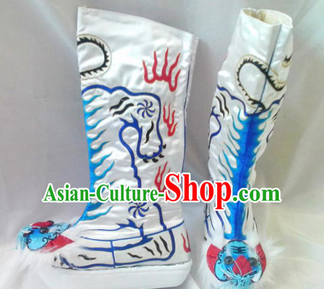Asian Chinese Beijing Opera Shoes Embroidered Tiger Boots Traditional Peking Opera Takefu White Boots