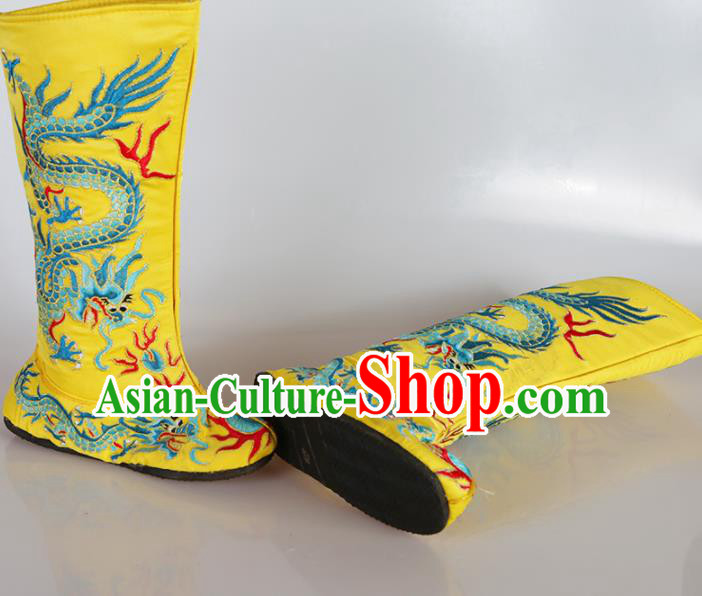 Asian Chinese Beijing Opera Shoes Emperor Yellow Embroidered Boots Traditional Peking Opera Shoes