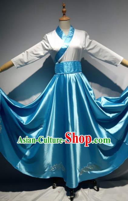 Traditional Chinese Mongol Nationality Dance Costume Mongols Ethnic Folk Dance Blue Dress for Women
