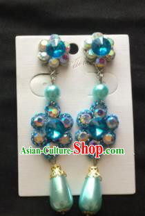 Asian Chinese Beijing Opera Jewelry Accessories Blue Rhinestone Earrings for Women
