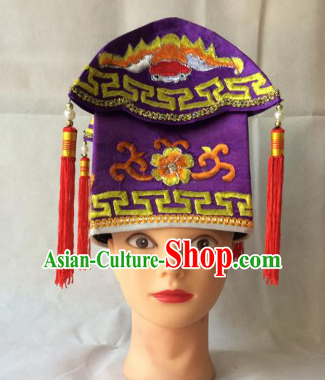 Asian Chinese Beijing Opera Niche Headwear Ancient Adviser Purple Hat for Men