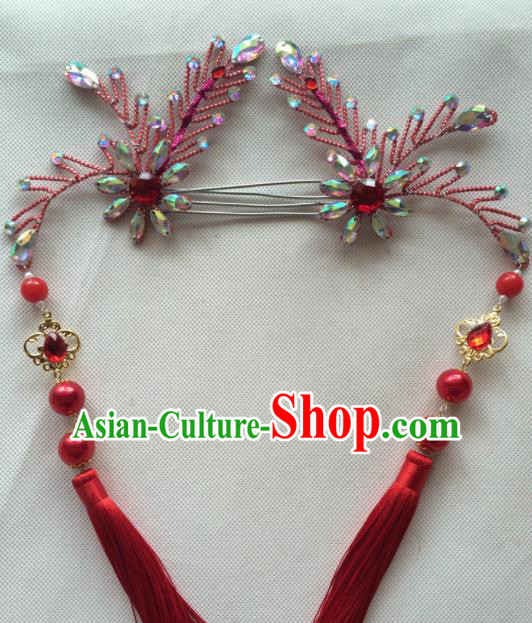 Asian Chinese Beijing Opera Hair Accessories Red Tassel Hair Clip Ancient Princess Hairpins for Women