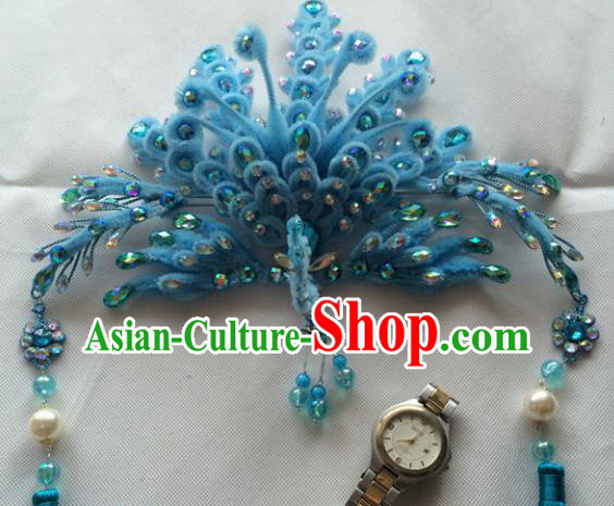 Asian Chinese Beijing Opera Hair Accessories Blue Phoenix Coronet Ancient Princess Hairpins for Women