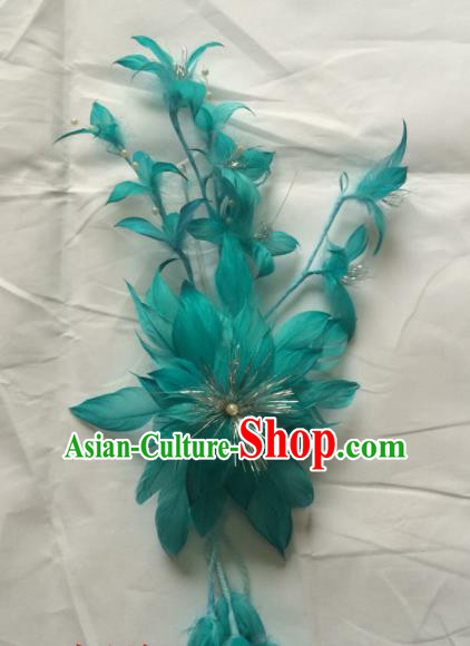 Asian Chinese Beijing Opera Hair Accessories Ancient Princess Blue Feather Hairpins for Women