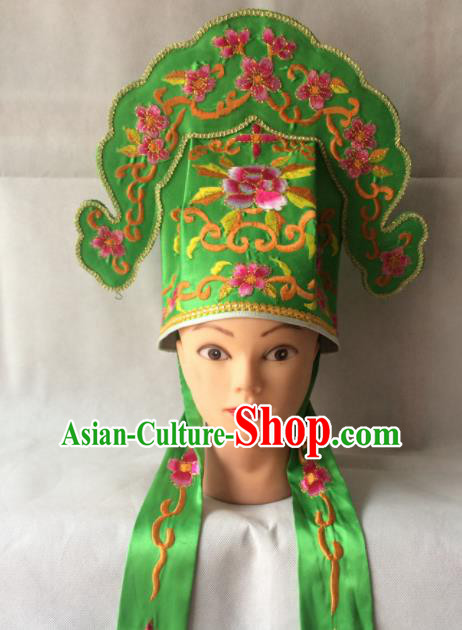 Asian Chinese Traditional Beijing Opera Niche Headwear Ancient Scholar Green Hat for Men