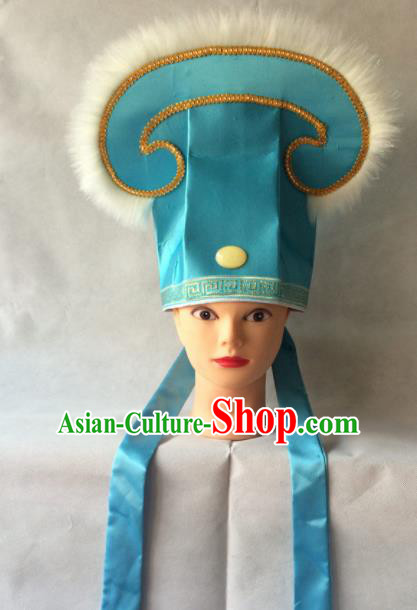 Asian Chinese Traditional Beijing Opera Niche Headwear Ancient Nobility Childe Blue Hat for Men