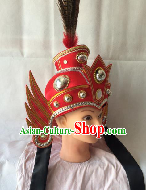 Asian Chinese Beijing Opera Takefu Headwear Ancient General Red Helmet Hat for Men