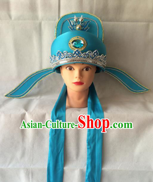 Asian Chinese Beijing Opera Niche Headwear Ancient Gifted Scholar Blue Hat for Men