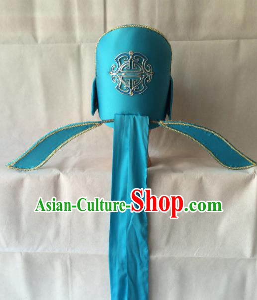 Asian Chinese Beijing Opera Niche Headwear Ancient Gifted Scholar Blue Hat for Men