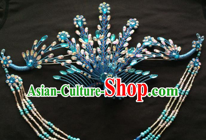 Asian Chinese Beijing Opera Hair Accessories Ancient Queen Blue Phoenix Hairpins for Women