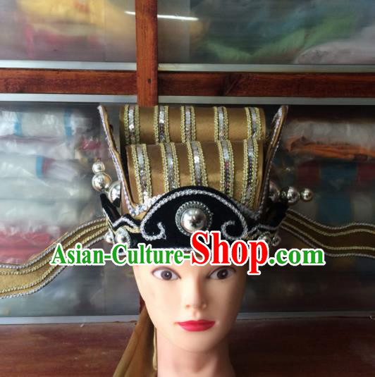 Asian Chinese Traditional Beijing Opera Headwear Ancient Prime Minister Golden Hat for Men