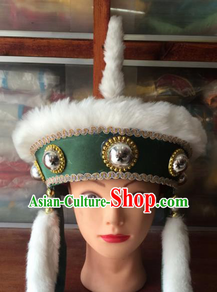 Asian Chinese Traditional Beijing Opera Headwear Ancient Ethnic Royal Highness Green Hat for Men