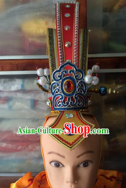 Asian Chinese Traditional Beijing Opera Headwear Ancient Royal Highness Red Hairdo Crown for Men