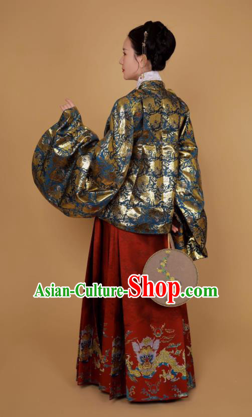 Traditional Chinese Ancient Ming Dynasty Nobility Lady Historical Costume Blue Blouse and Horse Face Skirt Complete Set