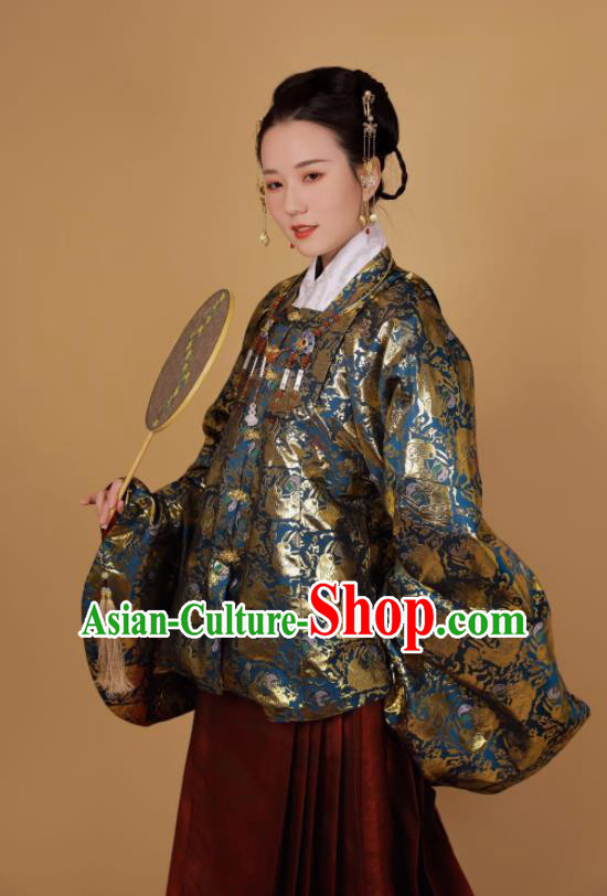 Traditional Chinese Ancient Ming Dynasty Nobility Lady Historical Costume Blue Blouse and Horse Face Skirt Complete Set